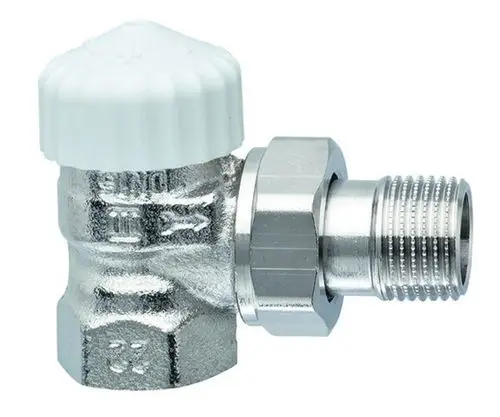 Thermostatventilunterteil mit Eckform, vernickelt, von IMI Hydronic Engineering, mit einem weißen Regelknauf zur Temperaturkontrolle.